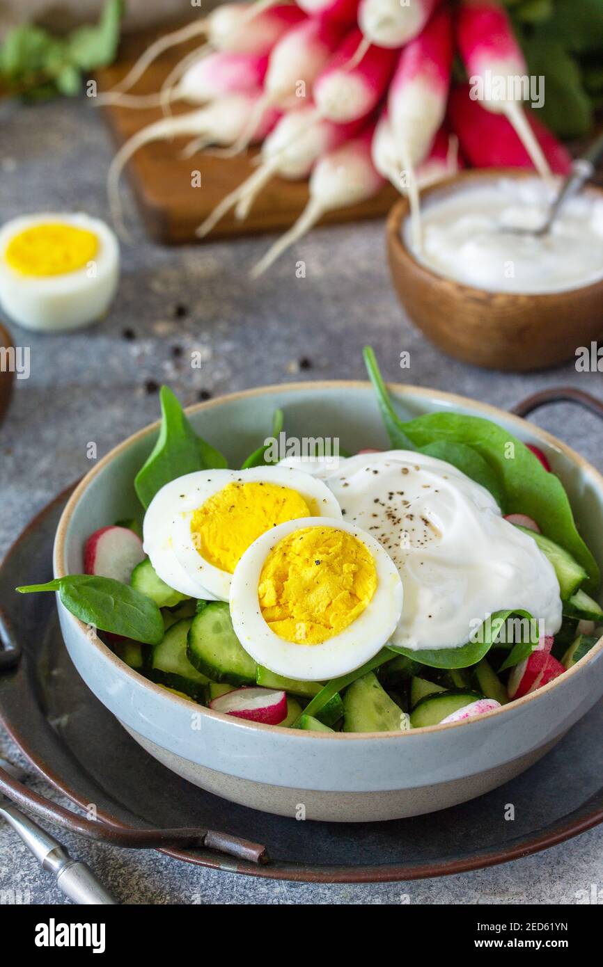 Cibo di primavera fresco, salutare ciotola vegana per il pranzo. Spinaci, cetrioli, insalata di ravanelli e uova bollite con panna acida. Foto Stock