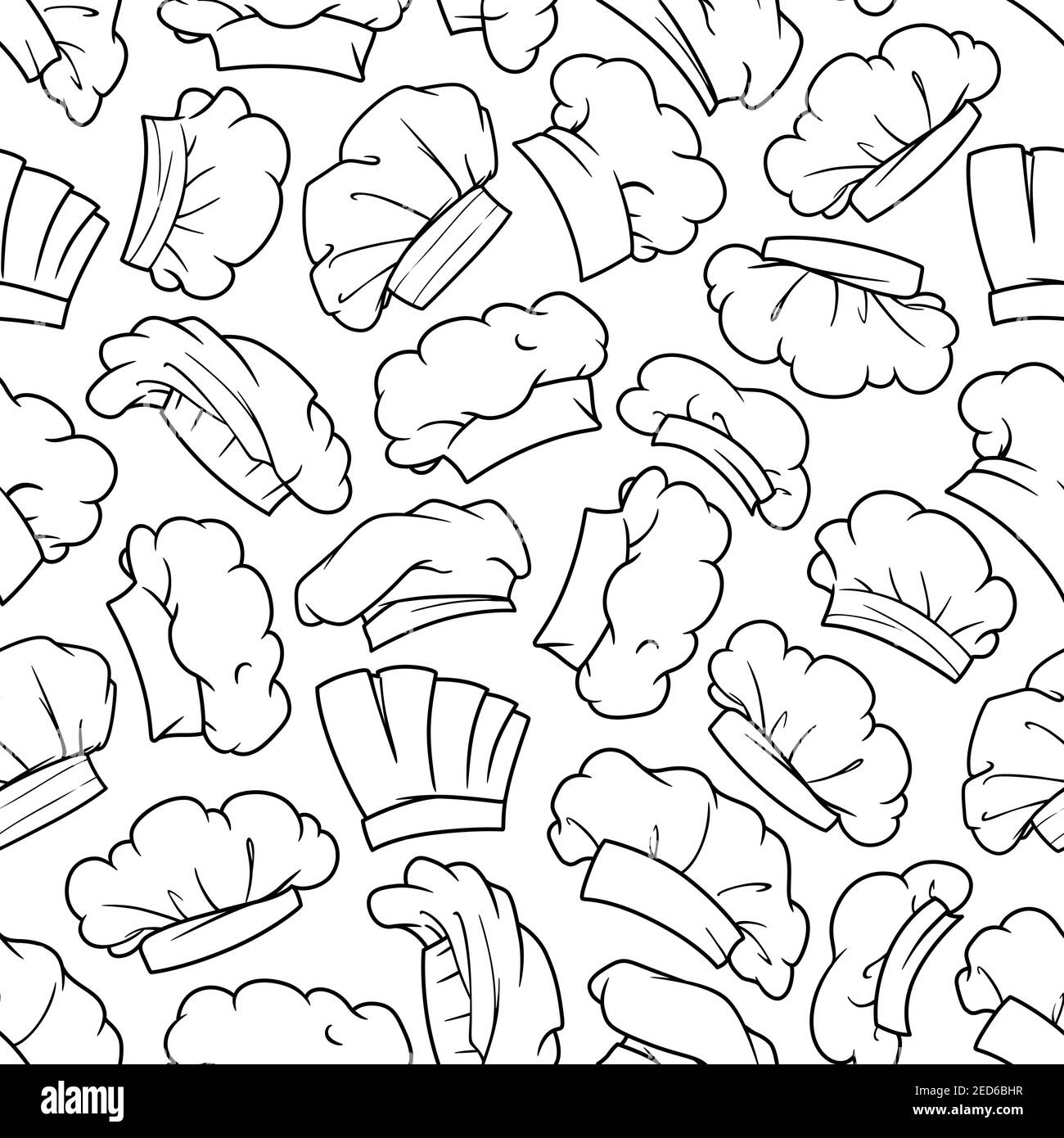 Cappello chef, bocce da panettiere e cappellino cuoco sfondo senza cuciture con bozzetti di capo uniforme del personale della cucina Illustrazione Vettoriale