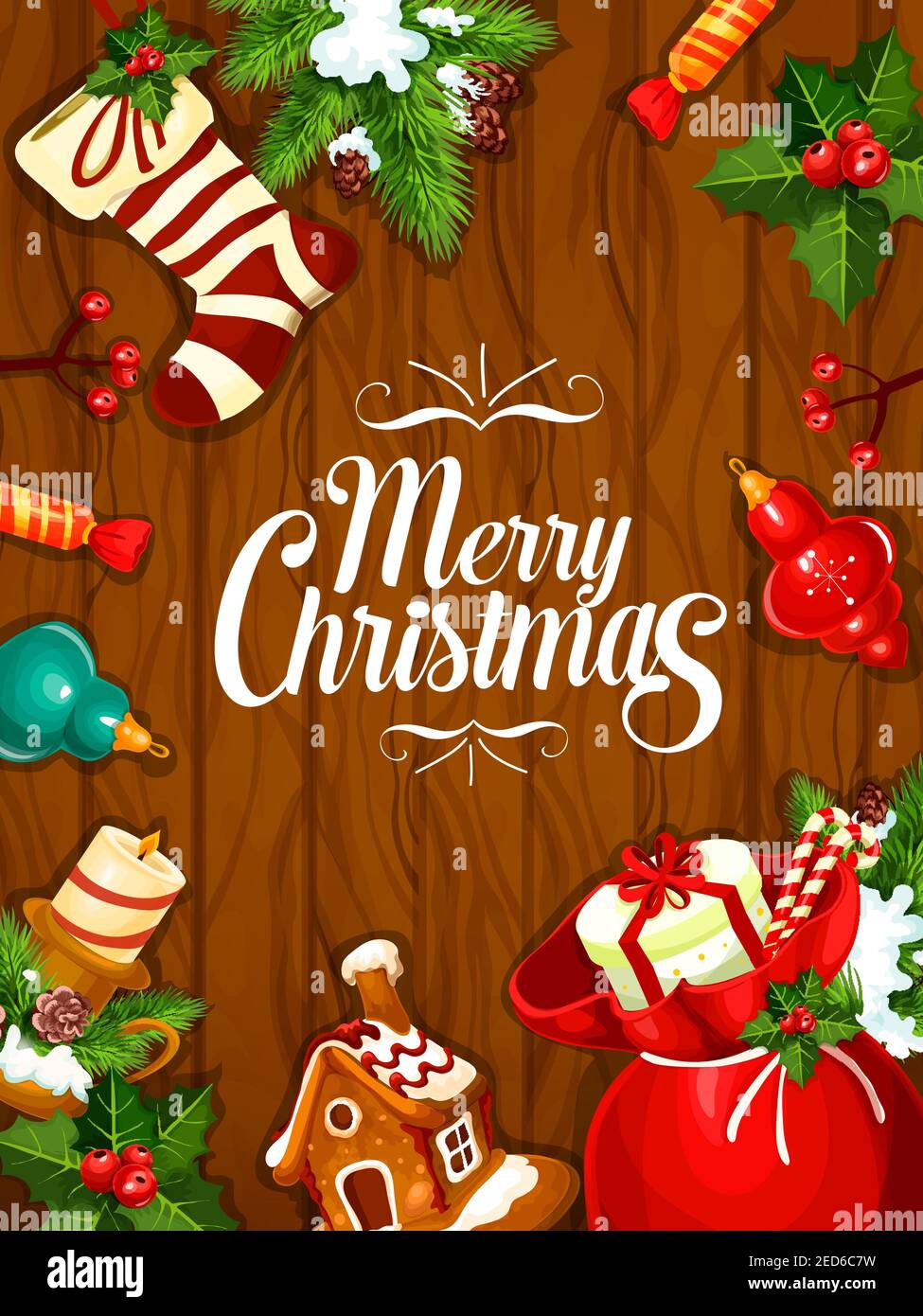 Buon Natale. Poster di saluto, scheda di ornamenti dell'albero di Natale, corona di agrifoglio, casa di pan di zenzero, borsa di regali, candela, calza di natale, recinzione Illustrazione Vettoriale