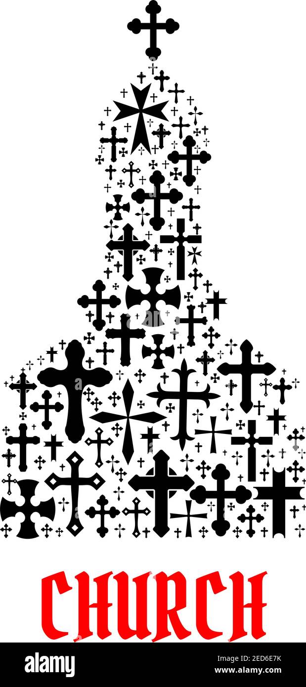 Icona della Chiesa. Religione croce cristianesimo simboli in forma di tempio, monastero per emblema decorazione religiosa e elementi di design Illustrazione Vettoriale