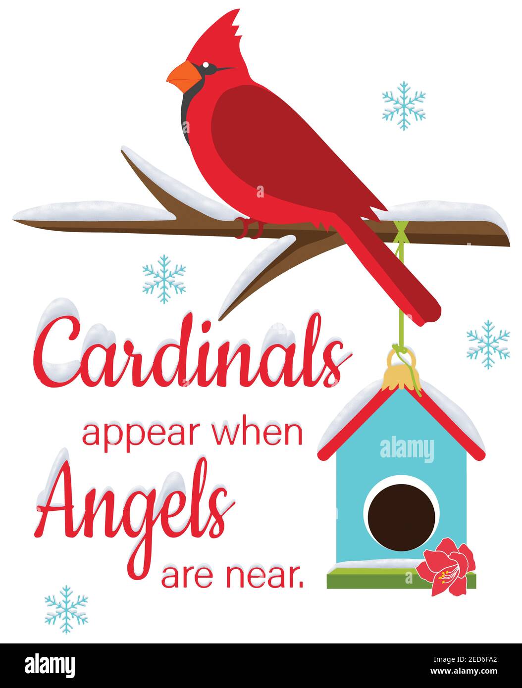 Cardinlas appaiono quando gli Angeli sono vicino arroccato Bird e Birdhouse Nell'illustrazione neve invernale con tracciato di ritaglio su bianco Foto Stock