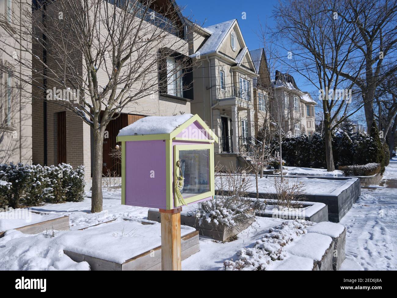 Strada con alberi maturi e case singole di classe media in inverno, con cambio libro gratuito in cortile di fronte Foto Stock