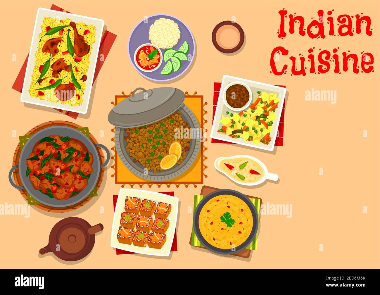Cucina indiana cena piatti con l'icona del dessert di agnello e curry di maiale, riso di pollo pilau, lenticchie chili zuppa, lenticchie verdure stufato, zucca zenzero c Illustrazione Vettoriale