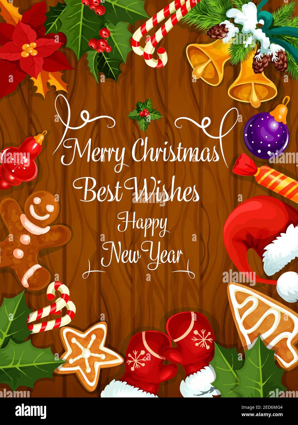 Allegro biglietto di auguri di Natale, poster dei migliori auguri di Capodanno con ornamenti dell'albero di natale, corona di agrifoglio, pan di zenzero, borsa da regalo, candela, cristma Illustrazione Vettoriale