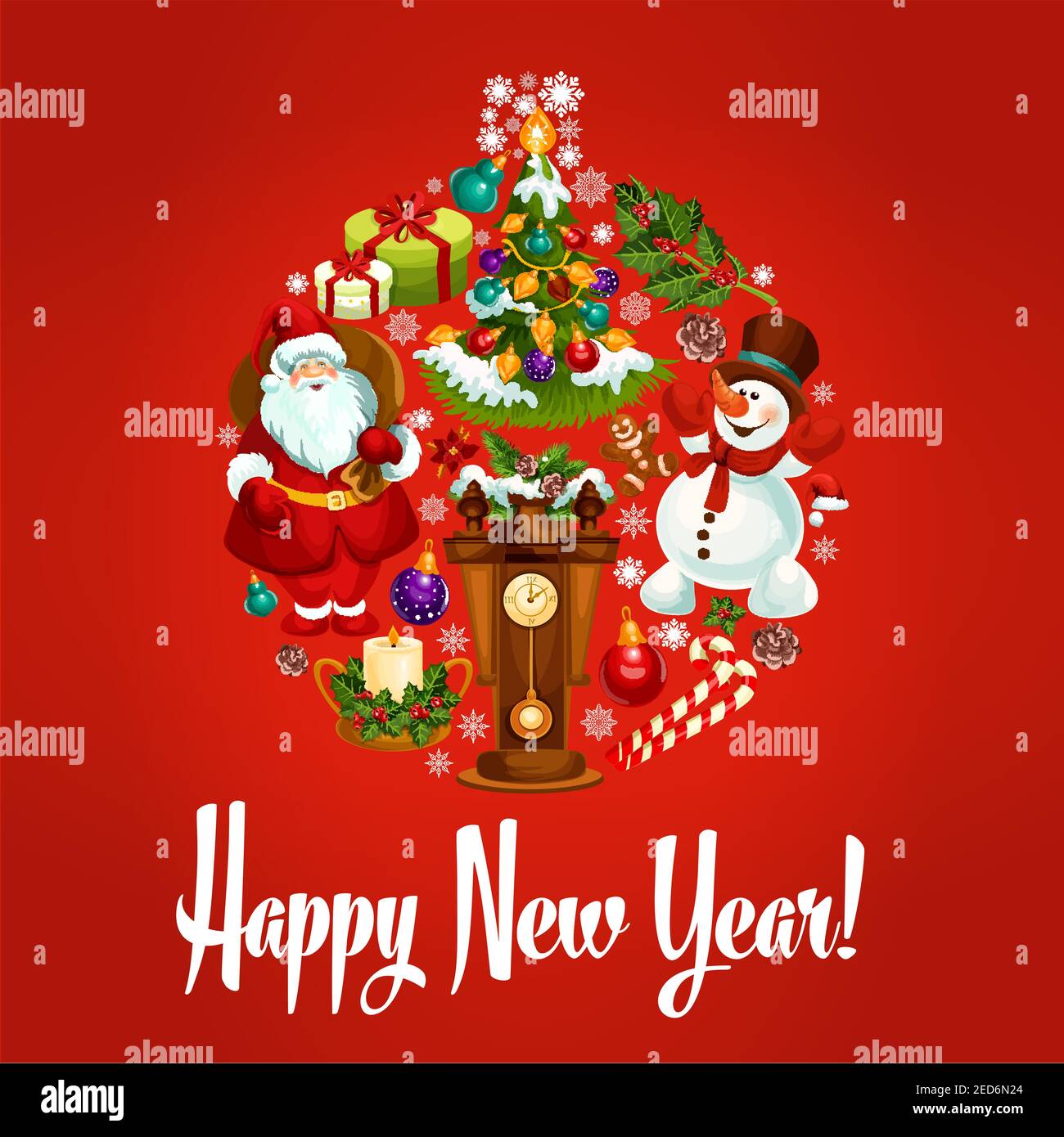 Felice anno nuovo palla ornamento di vettore santa, renna, regali, regali, orologio pendolo, casa pan di zenzero, calza, corona agrifoglio, albero di abete decorato Illustrazione Vettoriale