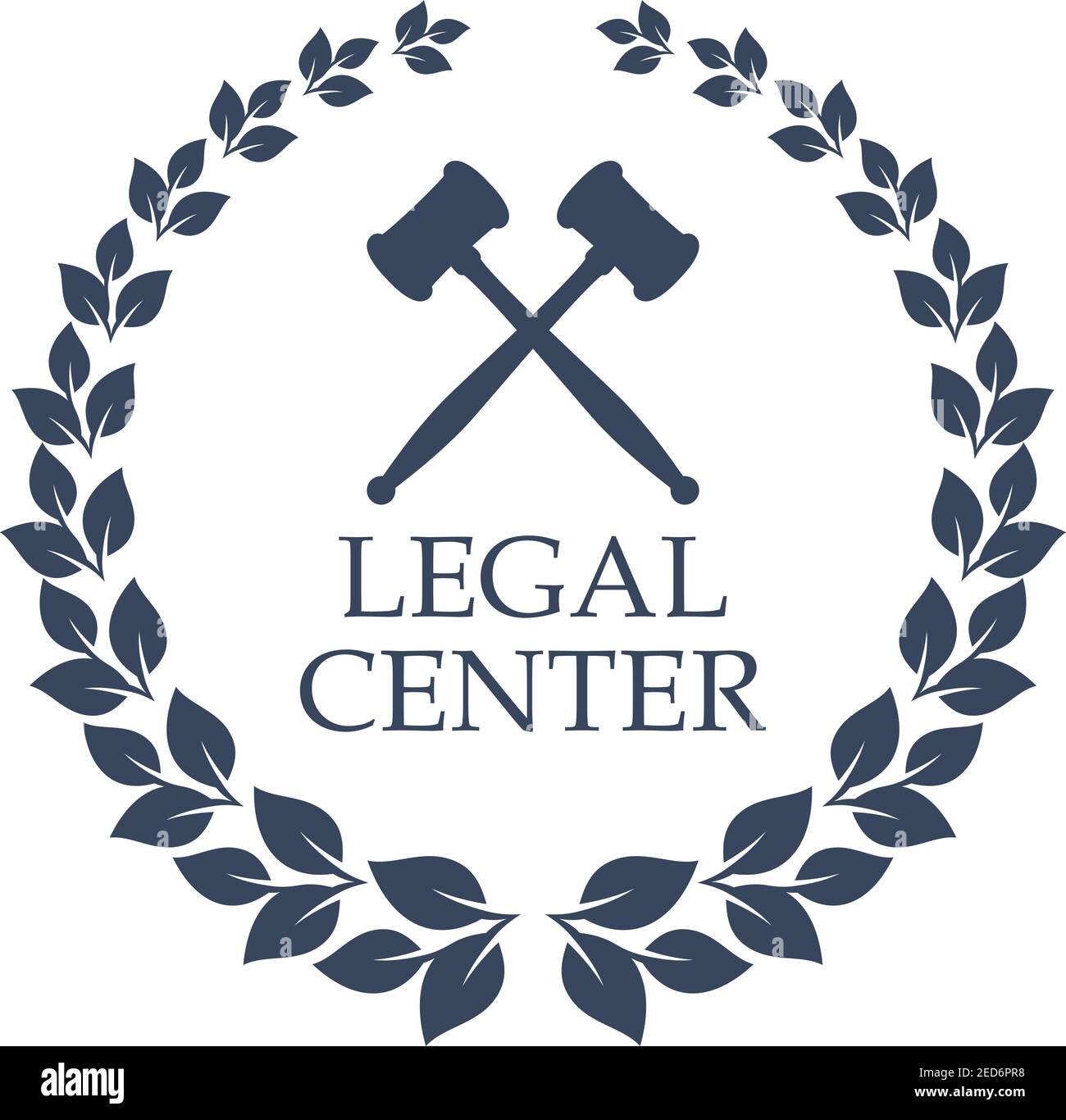 Advocacy icona giuridica. Vettore emblema isolato di cavelli di giudice incrociati e corona araldica di alloro simbolo per il centro legale, avvocato o legge e diritti Illustrazione Vettoriale