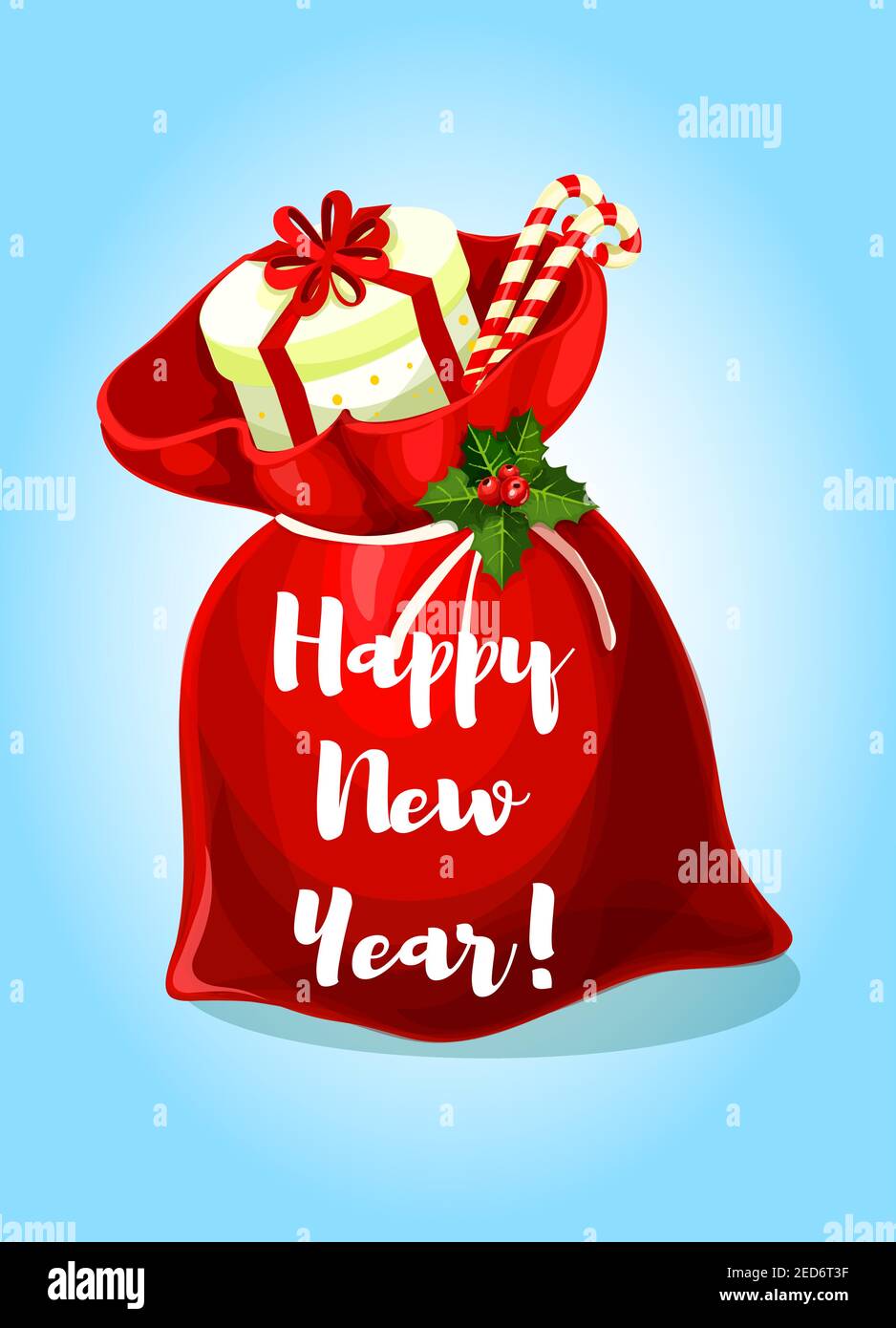 Borsa regalo Santa piena di regali, regali, canna caramella, legata con arco agile. Poster del vettore Happy New Year, biglietto di auguri Illustrazione Vettoriale
