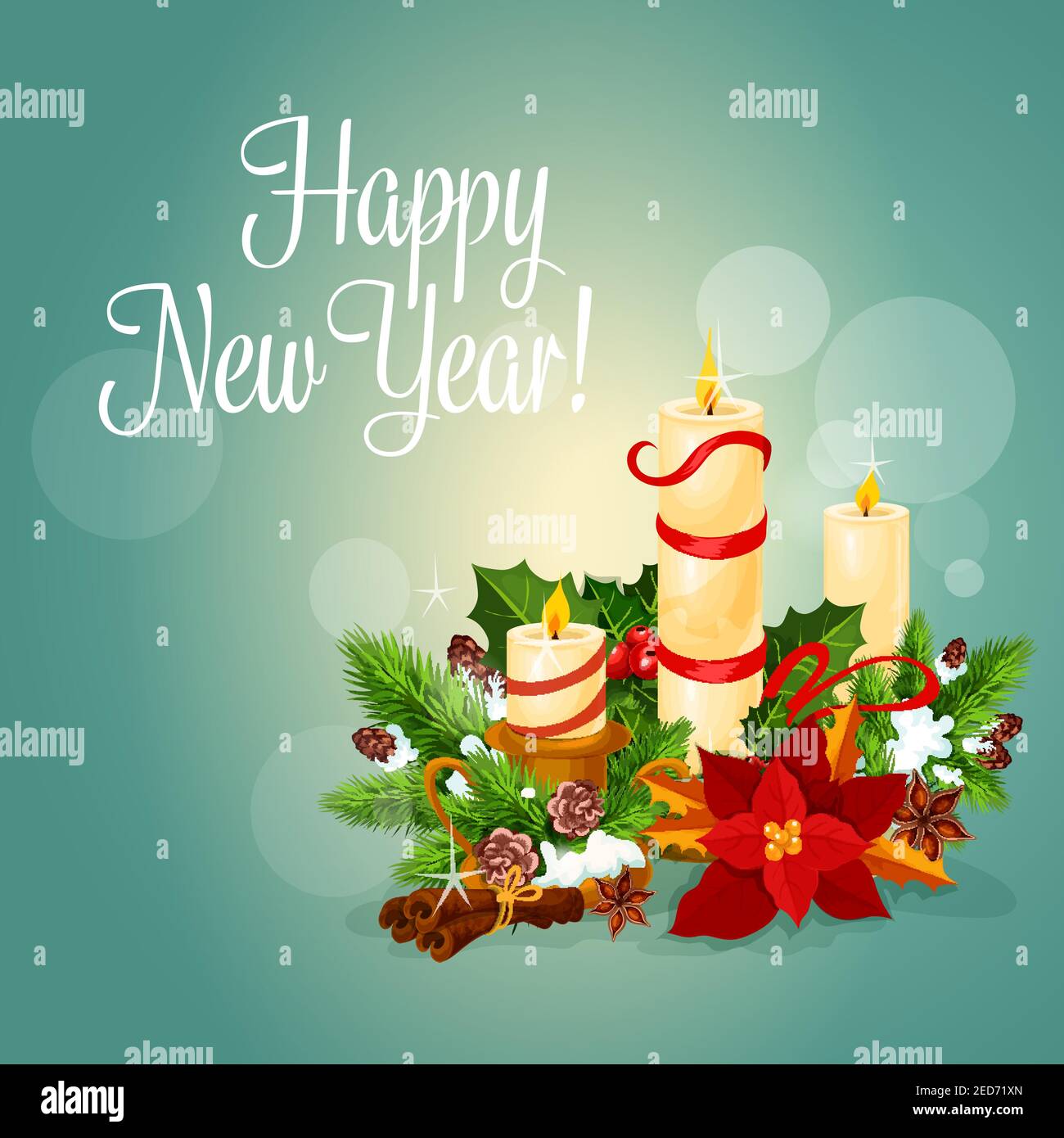 Felice biglietto di auguri per l'anno nuovo. Poster vettoriale con luce candele di natale, foglia di agrifoglio e corona di pino, nastri rossi ricoperti di neve, poinsettia c Illustrazione Vettoriale