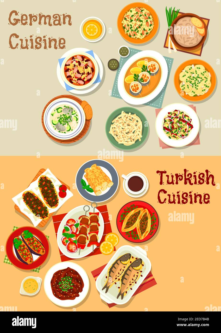 Icona della cucina tedesca e turca con carne alla griglia, crauti di maiale, frutta al formaggio, insalate di patate e salsicce, torte di carne e formaggio, stufato di salsiccia di fagioli, Illustrazione Vettoriale