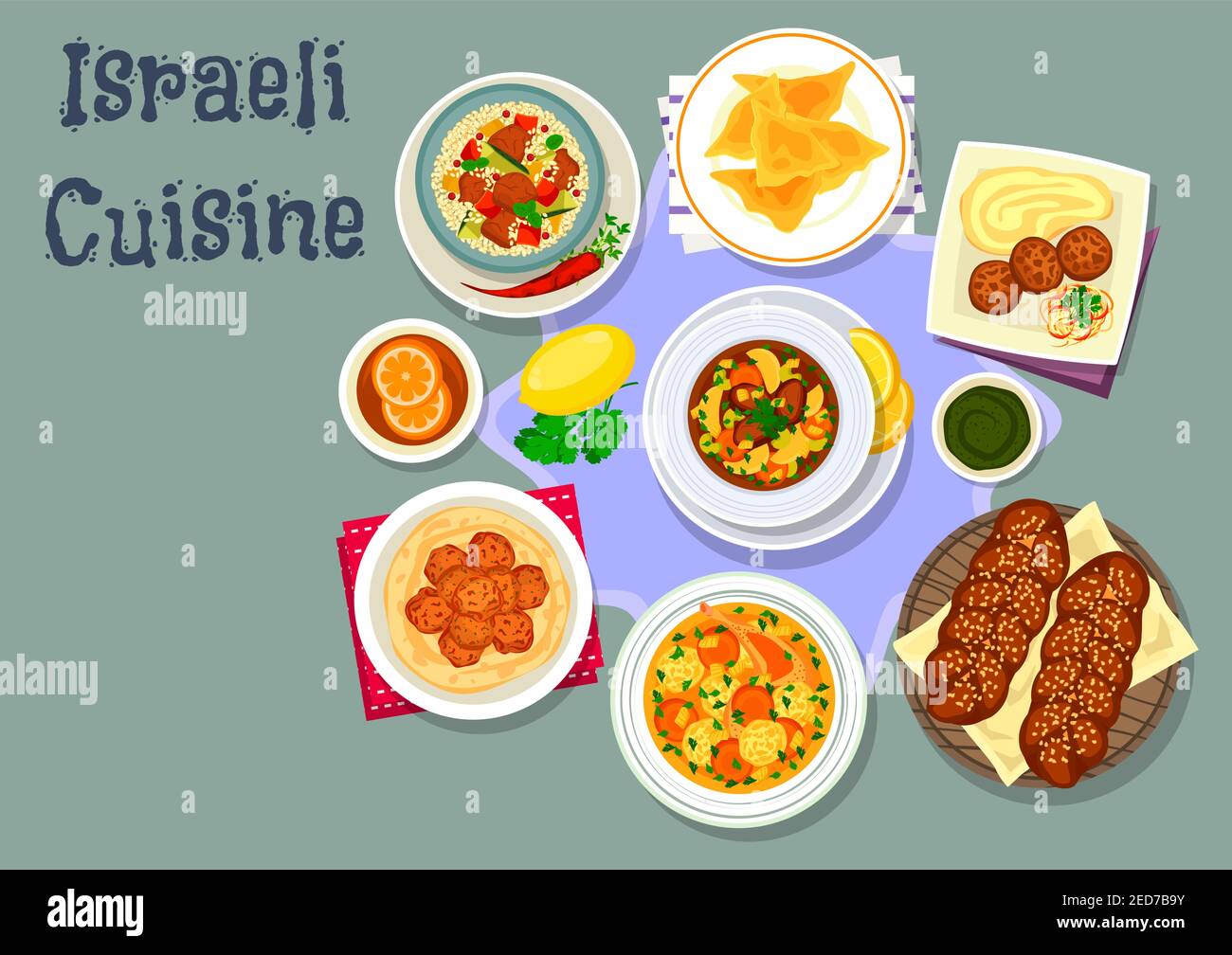 Cucina israeliana gustosa icona cena con gnocchi di pollo, polpette di pollo, pane dolce ebraico, zuppa di pollo con gnocchi, falafel di ceci, zuppa di manzo Illustrazione Vettoriale