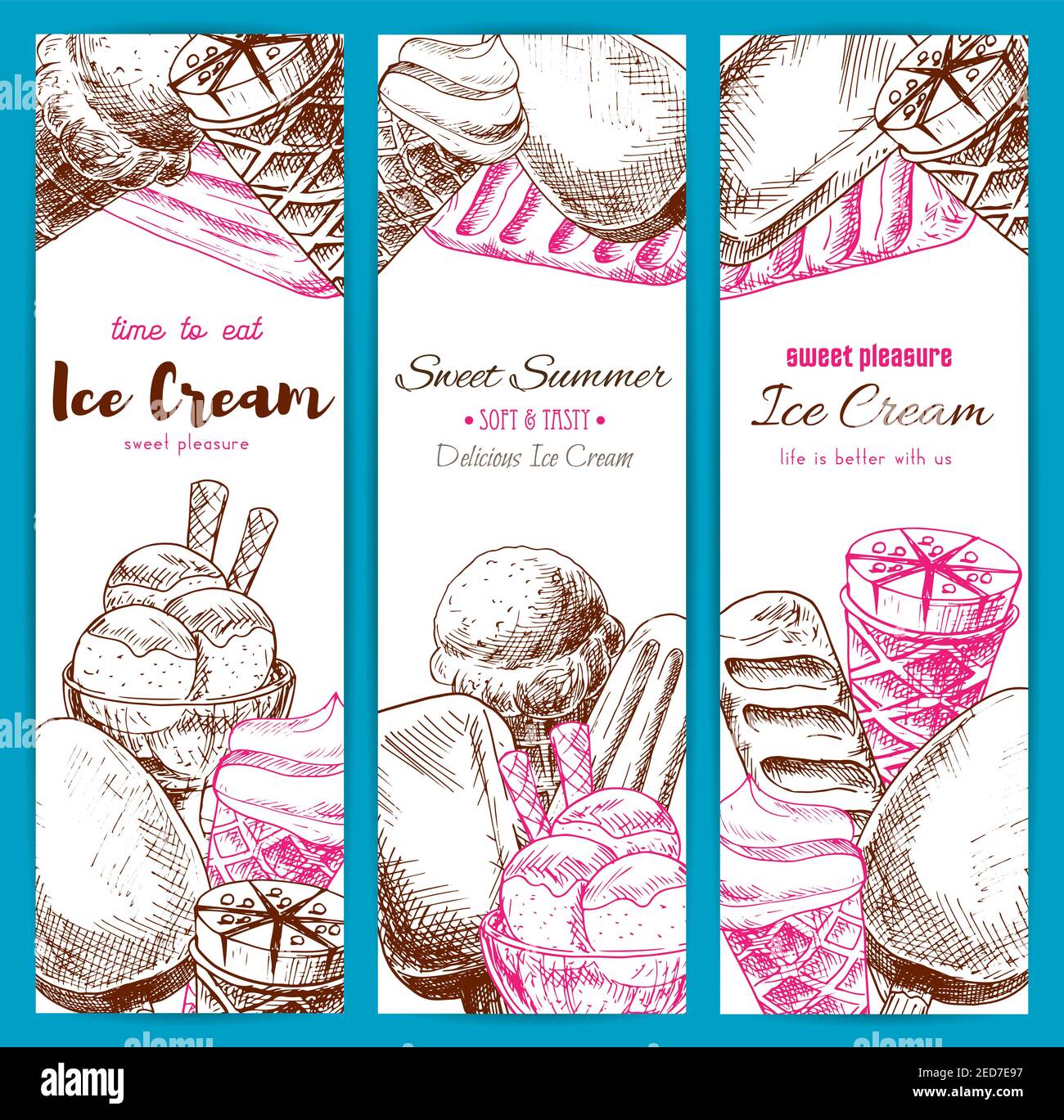 Striscioni di gelato di abbozzo assortimento di gelato. Set vettoriale di dolci surgelati scoop di gelato alla vaniglia in recipiente di vetro, eskimo smaltato e chocolle Illustrazione Vettoriale