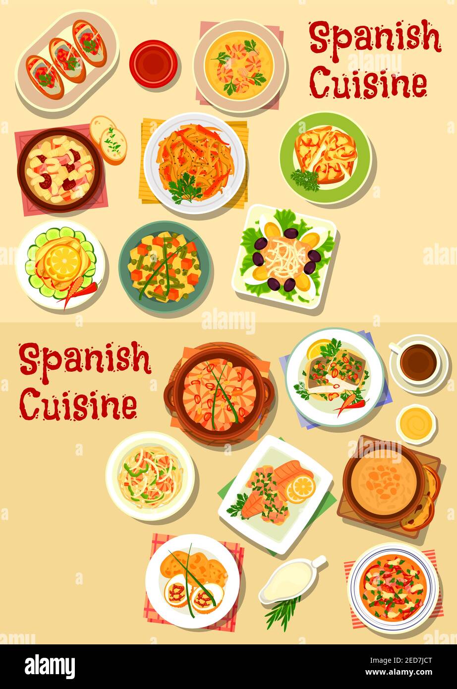 Cucina spagnola piatti di pesce con set di icone con gamberi, pomodoro, salsiccia di fagioli e zuppe di aglio, tagliatelle di pesce, cipolla e tapas di pesce, verdure alla griglia Illustrazione Vettoriale