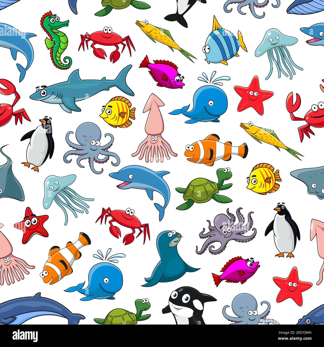 Pesci di mare, animali dell'oceano e cartoni animati di molluschi modello senza giunture di pesci pagliaccio vettoriali e pesci farfalla, pesci stella marina e meduse, delfini, squali e balene Illustrazione Vettoriale