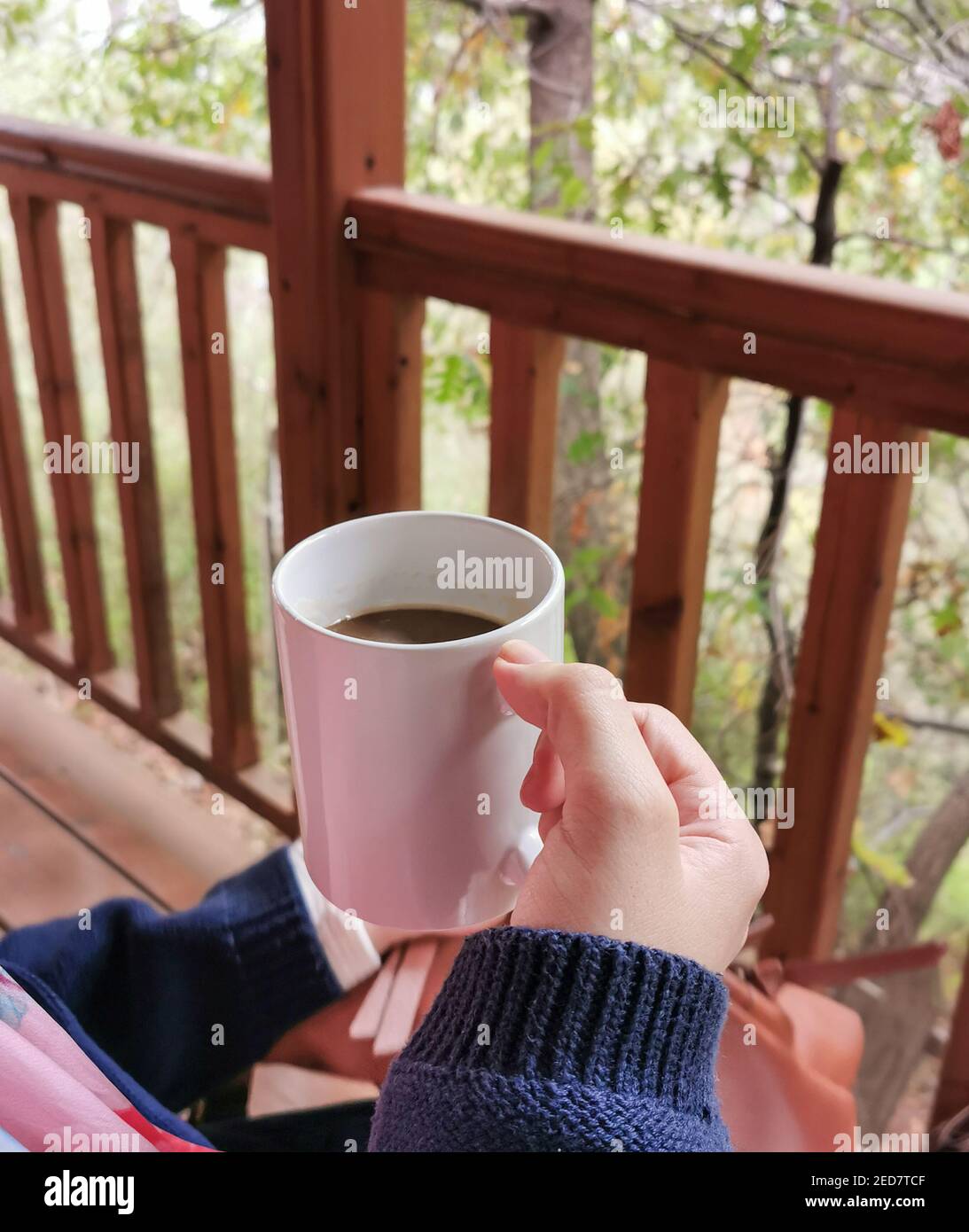 Le mani della ragazza che tiene una tazza di caffè su una casa di legno Balcone al Country Forest Resort Foto Stock