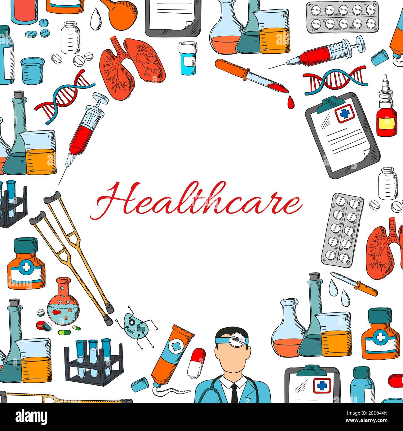 Poster sanitario. Strumenti medici vettoriali, attrezzature mediche e mediche, medico, pillole, farmaci, polmoni, microscopio, cuore, sangue e dna, x-ra Illustrazione Vettoriale