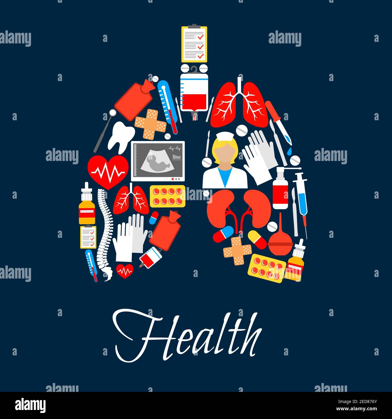 Icone della medicina sotto forma di polmoni. Bendaggio o intonaco dentifricato e adesivo, termometro e confezione di sangue, cuore con polso, guanti di gomma per uso medico e colonna vertebrale, Illustrazione Vettoriale