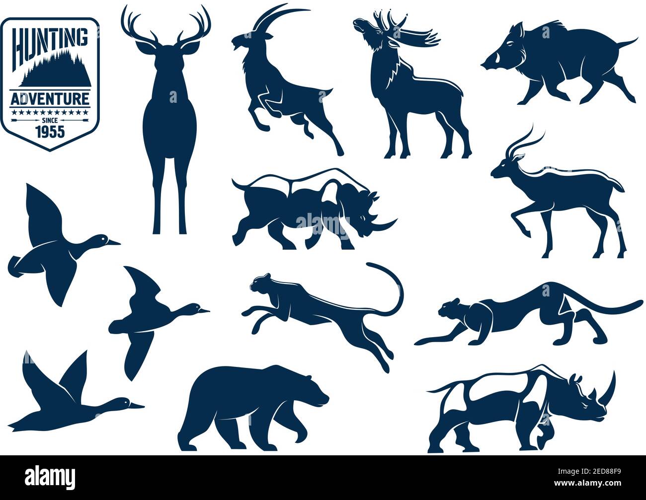 Icone di silhouette degli animali da caccia. Stag e cervi, capra o capra di montagna, renne con corna e wapiti, cervo e cinghiale, rinoceronte o rinoceronte, p. Illustrazione Vettoriale