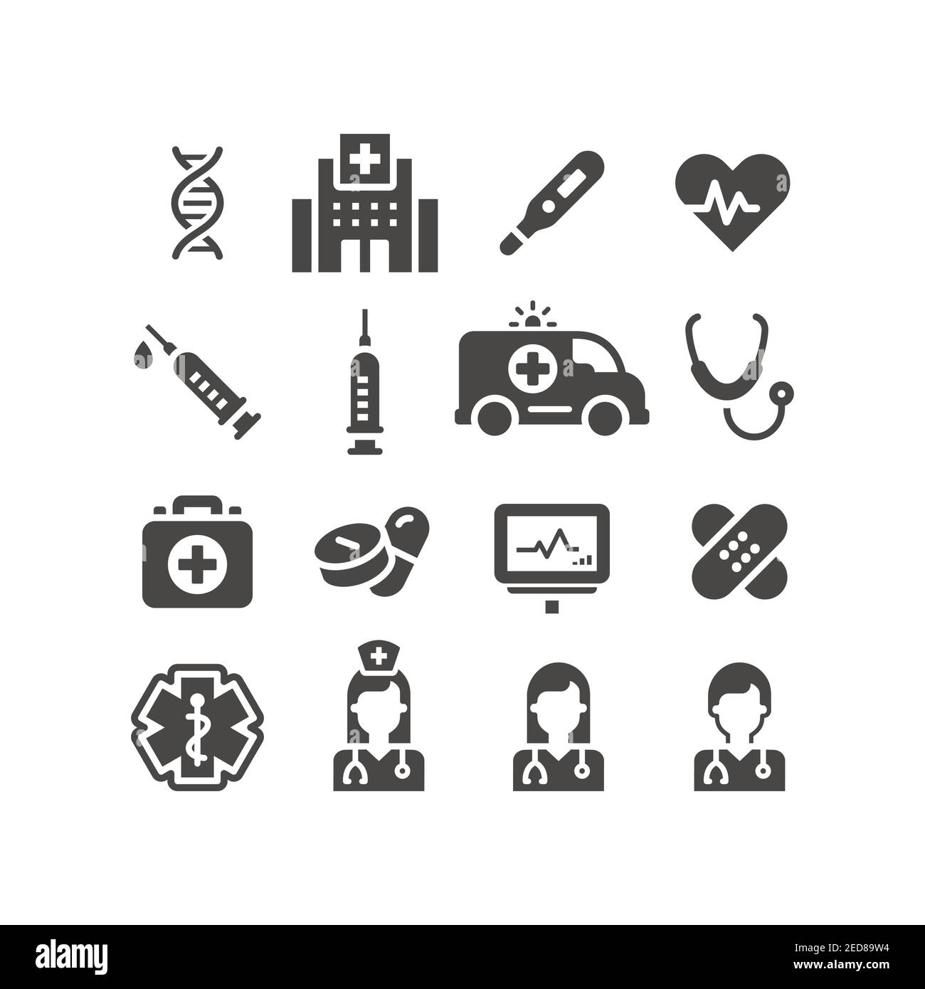 Set di icone vettoriali nere mediche o mediche. Icone di ospedali, infermieri, medici; pillole e stetoscopio. Illustrazione Vettoriale
