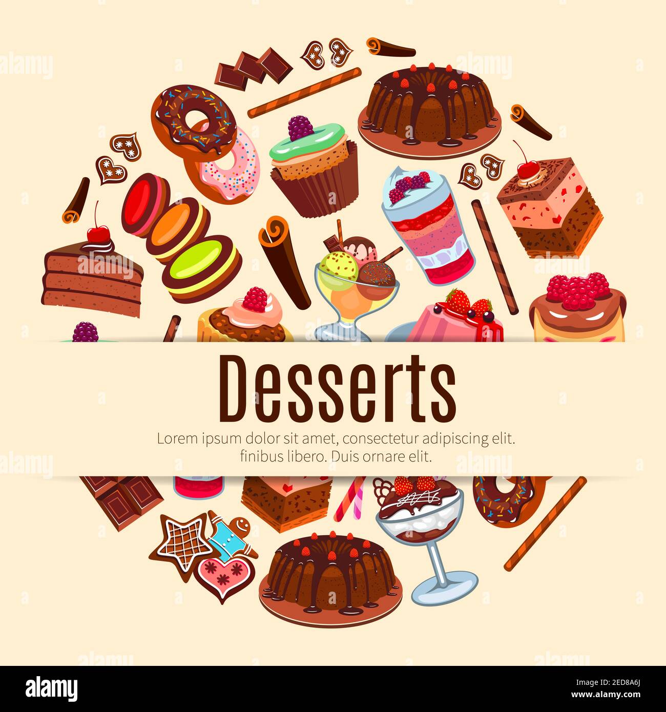 Poster per pasticceria, pasticceria e pasticceria con dolci dolci, torte di frutta e cupcake di frutti di bosco, muffin al cioccolato e budino alla vaniglia, torta cremosa, miele Illustrazione Vettoriale