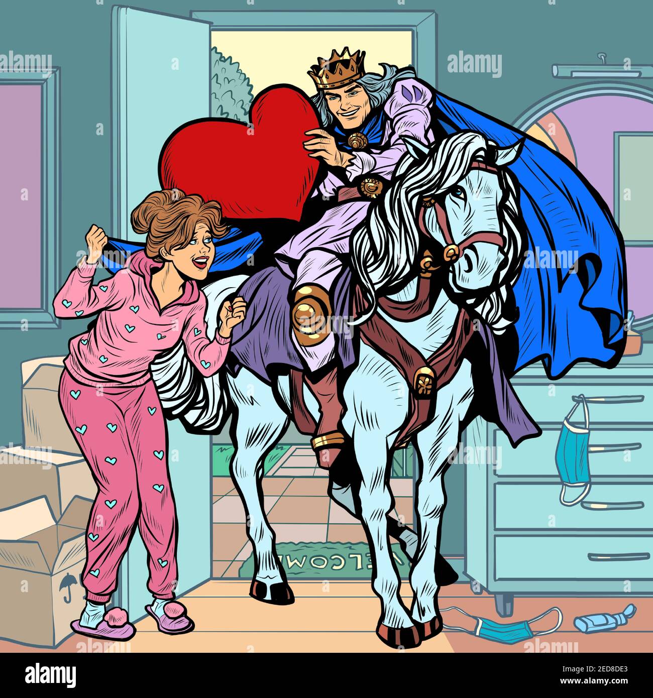 San Valentino. Un principe innamorato su un cavallo bianco galoppò ad una bella donna Illustrazione Vettoriale