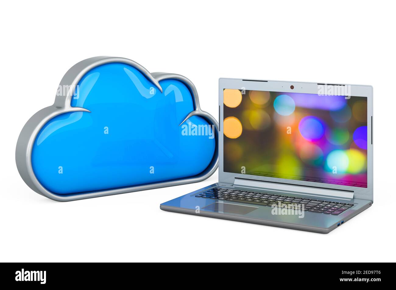 Archiviazione cloud con notebook. Rendering 3D isolato su sfondo bianco Foto Stock