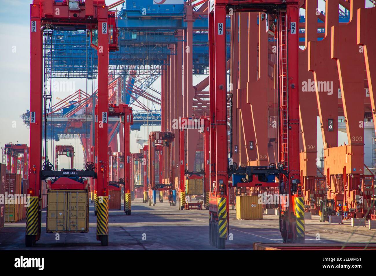 Gru e contenitori nel porto dei container durante la logistica processo di caricamento all'ora del giorno Foto Stock