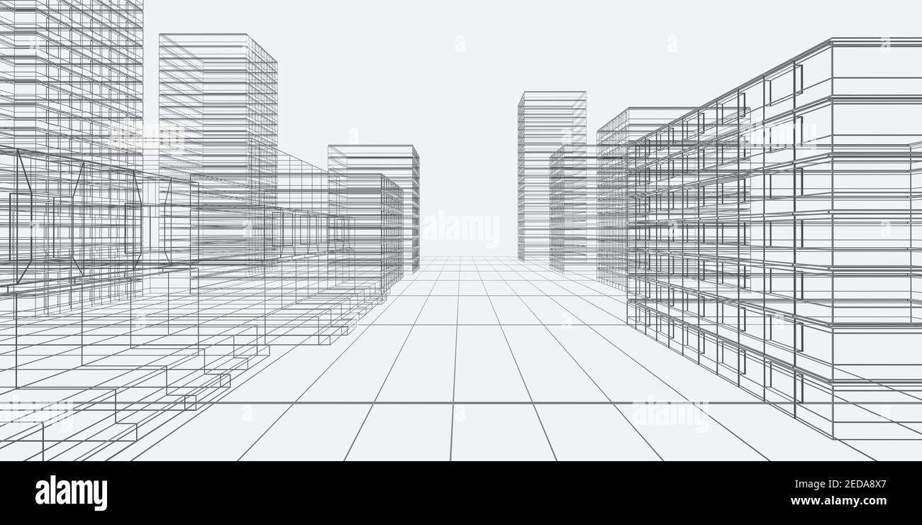 architettura modello a rete metallica disegno edifici città paesaggio con  nero linee su sfondo bianco immagine di rendering 3d Foto stock - Alamy