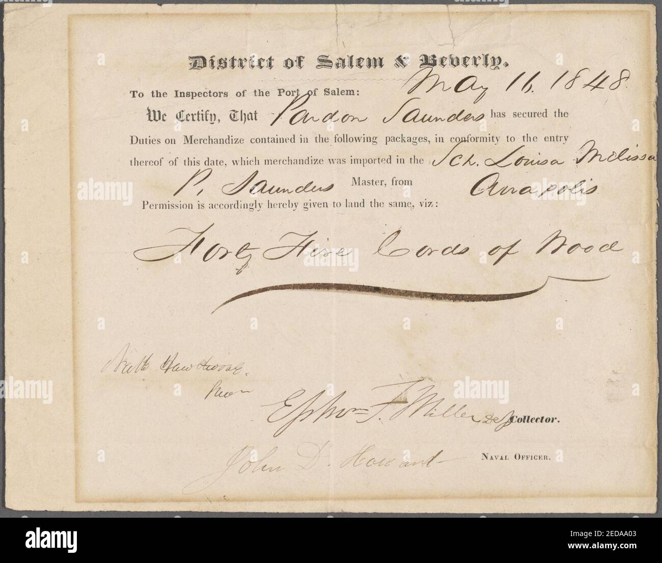Certificato da collezione, 16 maggio 1848, per i dazi al porto di Salem. Controfirmato da Nathaniel Hawthorne Foto Stock