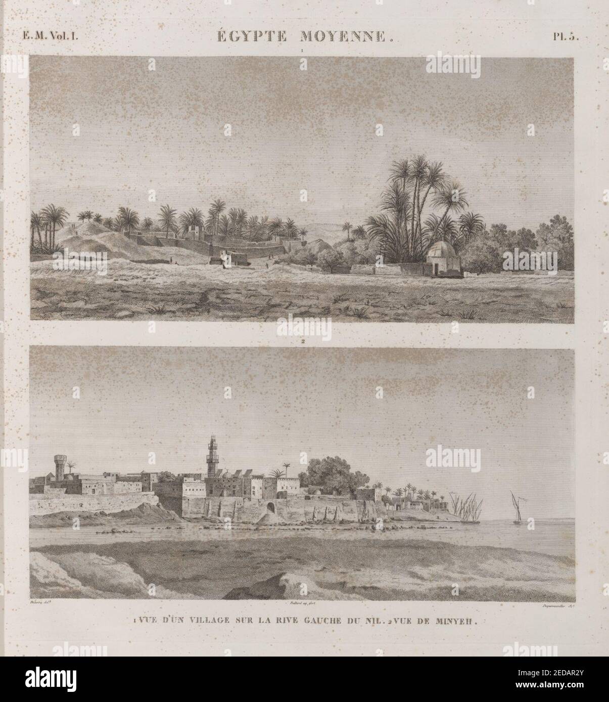 Égypte Moyenne. 1. Vue d'un village sur la rive gauche du Nil; 2. Vue de Minyeh (Minyâ) Foto Stock