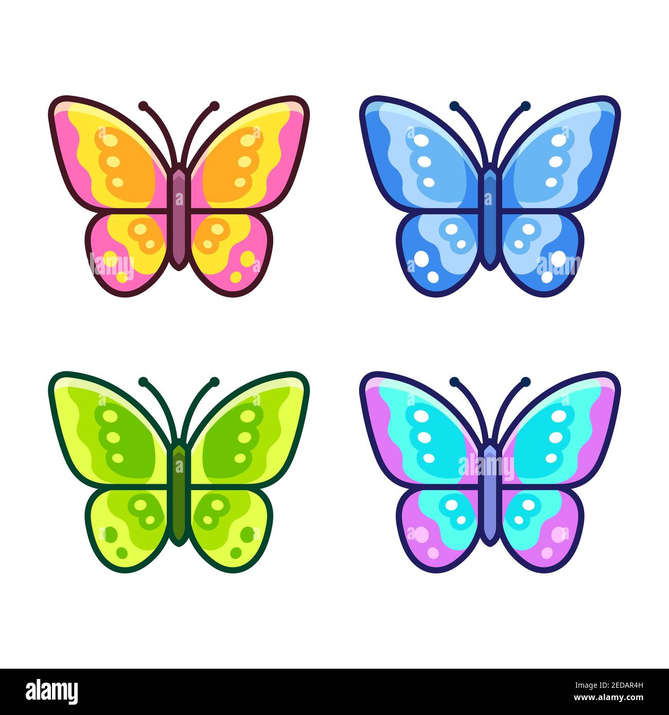 Icona della farfalla del cartone animato impostata in diversi colori. Semplice illustrazione vettoriale con design piatto. Illustrazione Vettoriale
