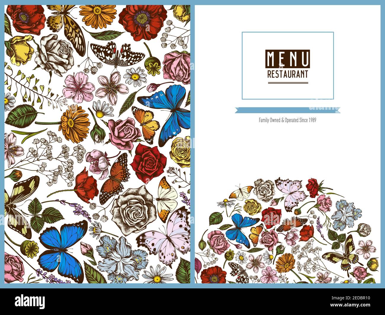 Menu copertina disegno floreale con portamonete colorato, erica, iris japonica, sakura, gypsophila, camomilla, mandorla, papavero fiore, calendula, blu Illustrazione Vettoriale