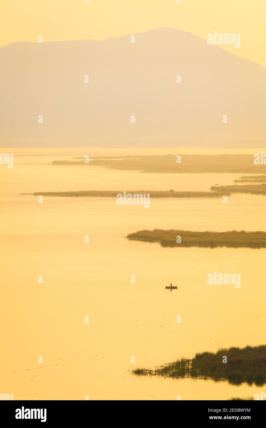 Lone pescatore all'alba, Lago Cuitzeo, Michoacan, Messico Foto Stock