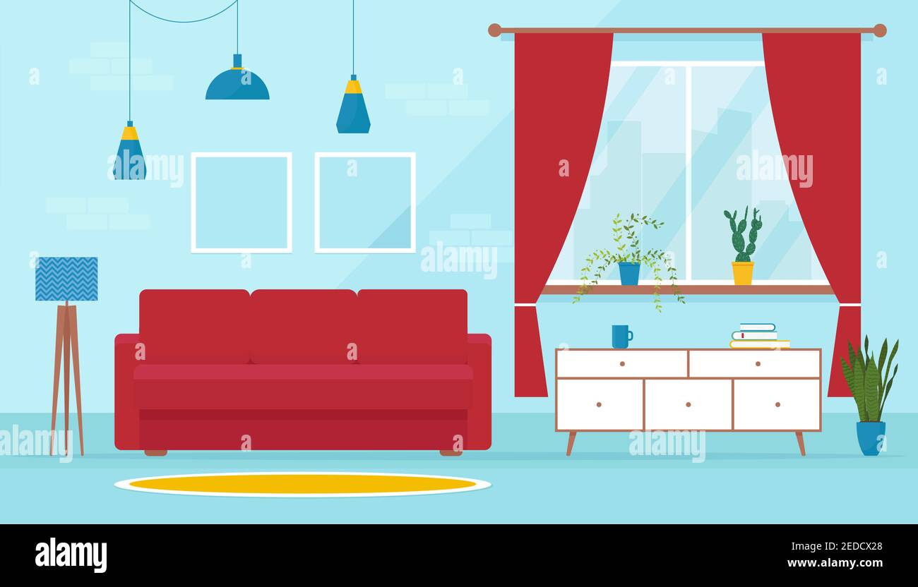 Accogliente e moderno soggiorno in stile appartamento. Morbido divano interno. Design di un soggiorno con divano, supporto TV, finestra e accessori per l'arredamento. Banner vettoriale Illustrazione Vettoriale
