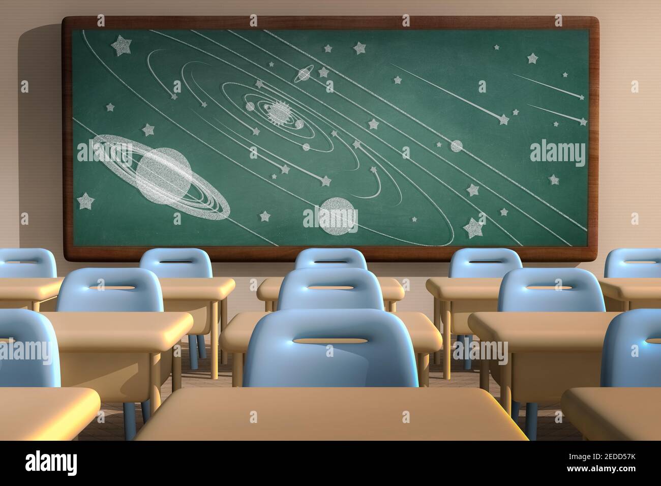 Rendering 3D di una stanza di classe con un sistema solare Disegno di un  gesso su una lavagna Foto stock - Alamy