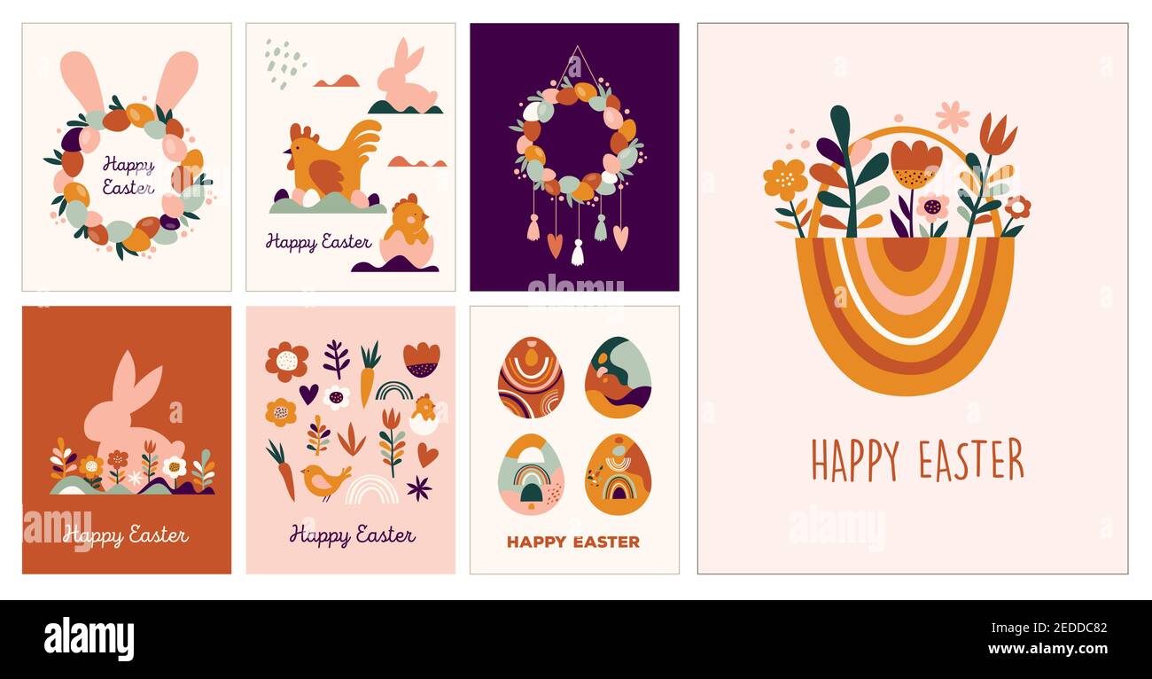 Boho concetto di design pasquale, biglietti d'auguri con coniglietti, uova, fiori e arcobaleni in colori pastello e terracotta, illustrazioni vettoriali piatte Illustrazione Vettoriale