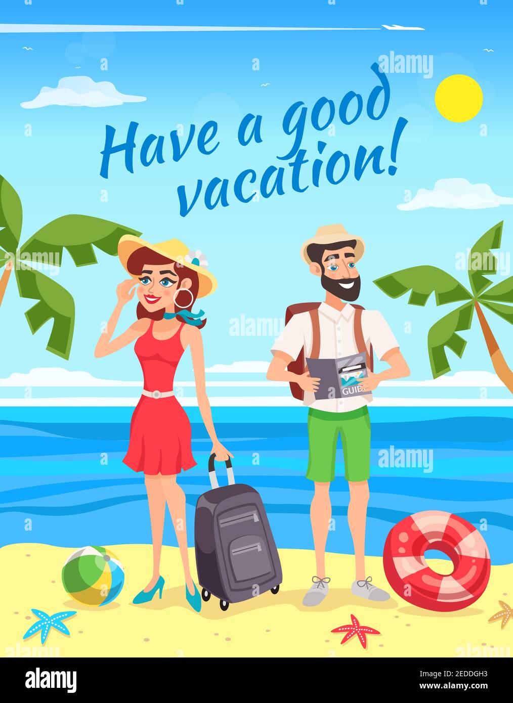 Turisti durante le vacanze estive design con uomo e donna con bagagli sul mare paesaggio sfondo illustrazione vettoriale Illustrazione Vettoriale