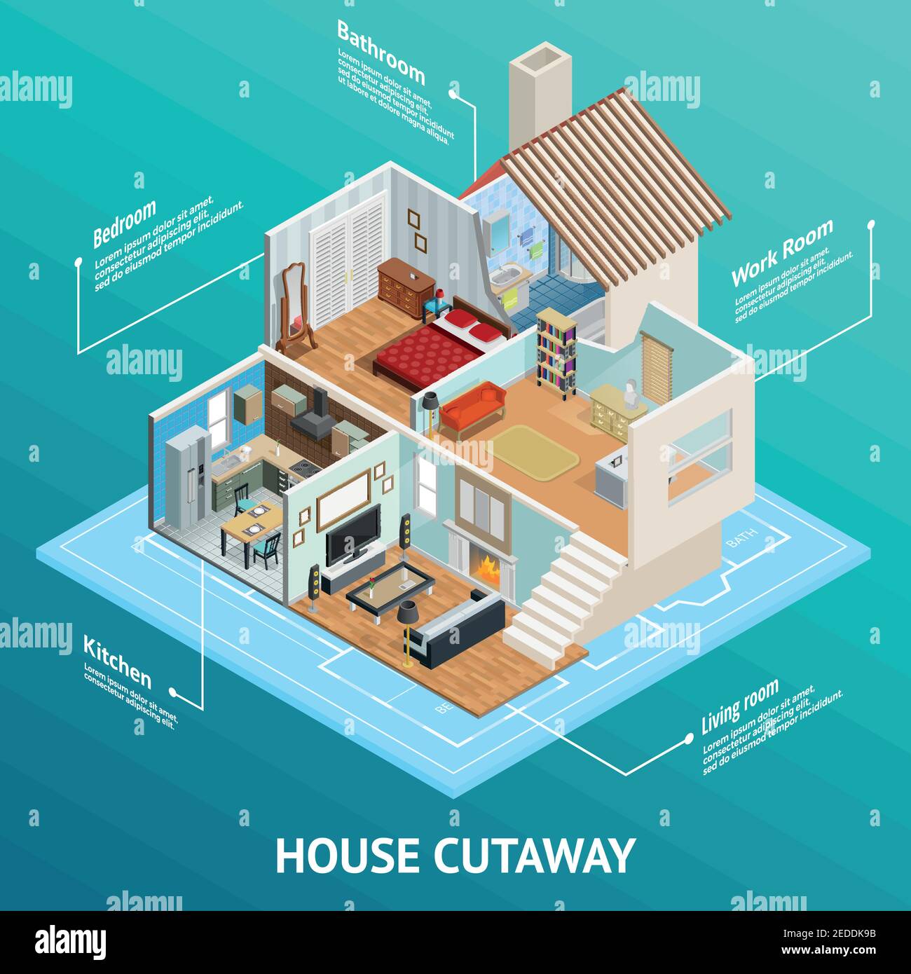 Composizione concettuale in sezione isometrica della casa con vista profilata della casa e didascalie di testo sull'illustrazione vettoriale astratta di sfondo Illustrazione Vettoriale