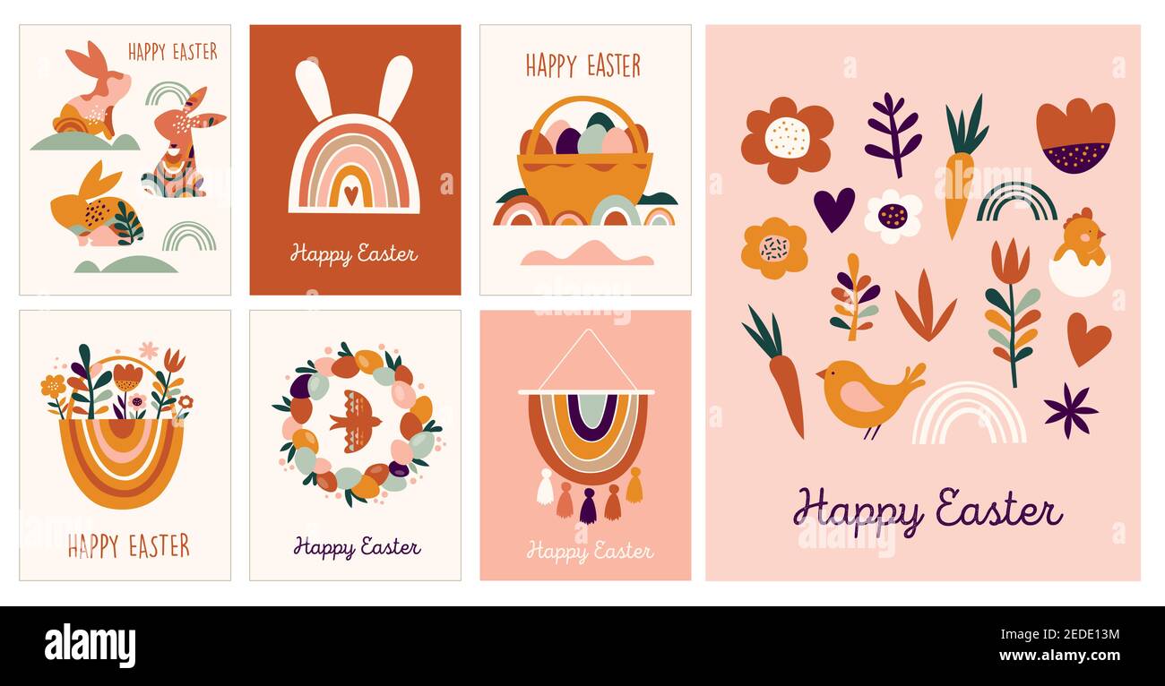 Boho concetto di design pasquale, biglietti d'auguri con coniglietti, uova, fiori e arcobaleni in colori pastello e terracotta, illustrazioni vettoriali piatte Illustrazione Vettoriale