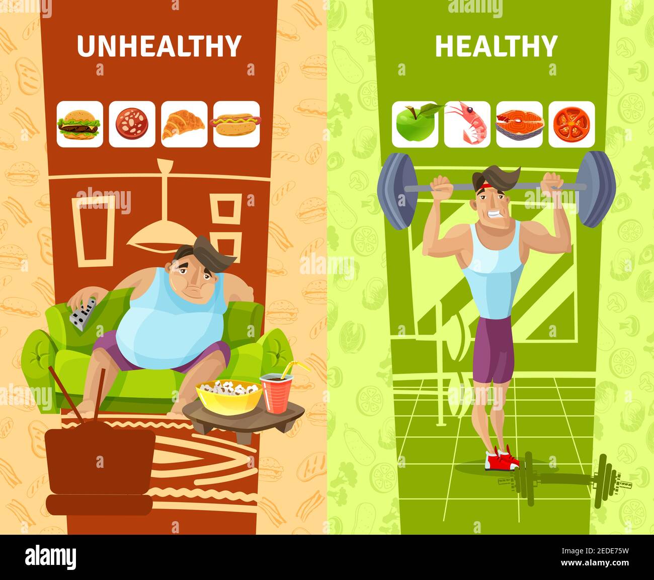 Banner verticali uomo sano e malsano impostano vettore isolato cartoon illustrazione Illustrazione Vettoriale