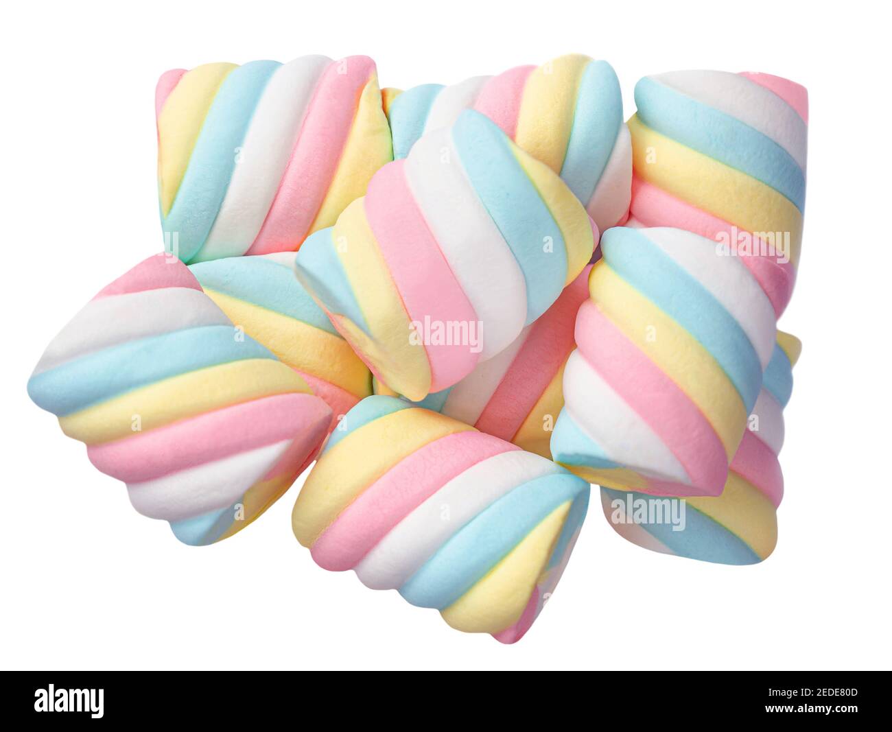 Caramelle colorate isolate su sfondo bianco. Heap of marshmallows macro top view image. (Heap di marshmallows immagine vista Foto Stock