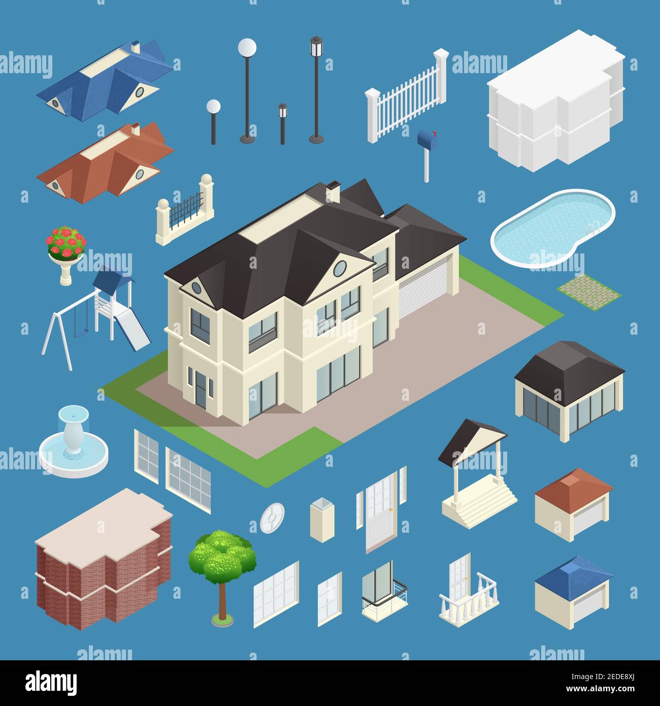 Suburb casa isometrica su sfondo blu isolato illustrazione vettoriale Illustrazione Vettoriale