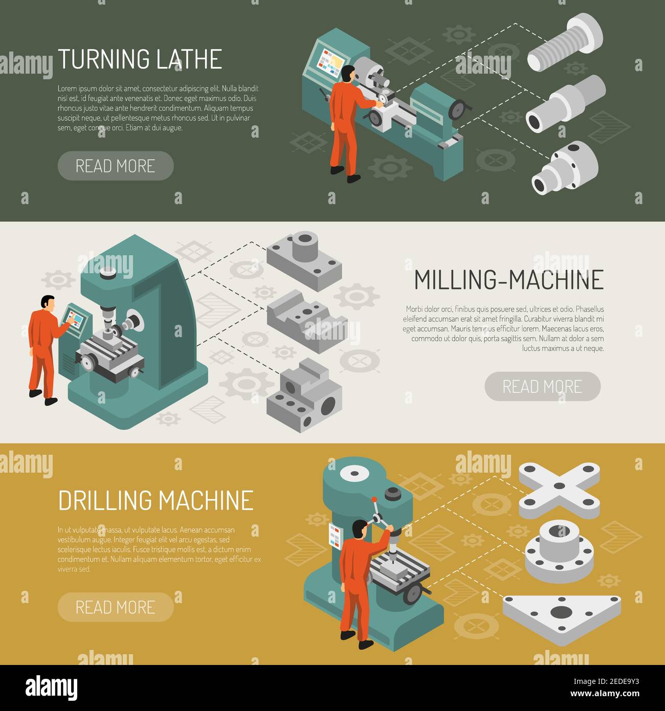 Attrezzatura per industria pesante 3 striscioni orizzontali isometriche con tornio illustrazione vettoriale isolata dei macchinari di fresatura e foratura Illustrazione Vettoriale