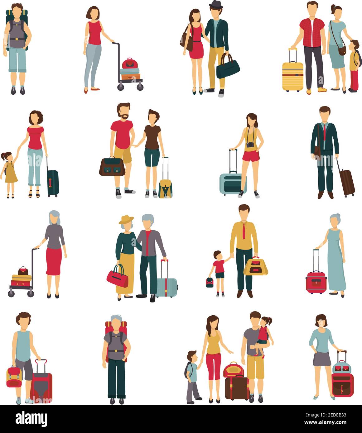 Turisti con bagaglio che viaggiano con amici di famiglia e da soli illustrazione astratta del vettore isolato della collezione di icone piatte Illustrazione Vettoriale