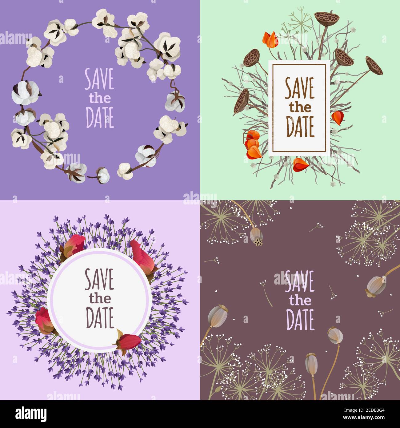 Salva il concetto di design 2x2 data con quattro matrimoni stampabili cartoncini con composizioni di fiori asciutti illustrazione vettoriale piatta Illustrazione Vettoriale