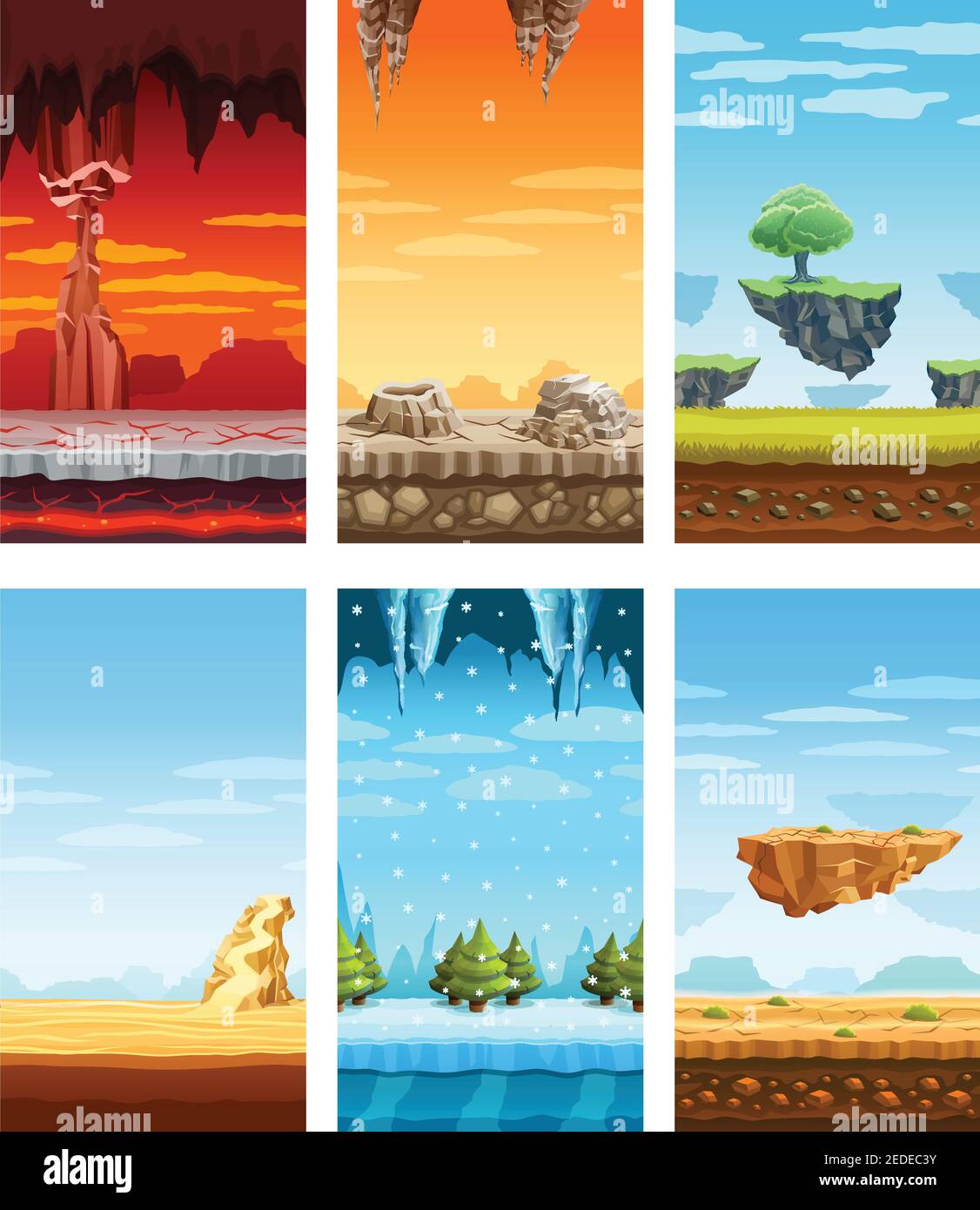 Video giochi per computer elettronici 6 bellissimo schermo di visualizzazione paesaggi fantastici elementi imposta cartoni animati colorati immagine vettoriale isolata Illustrazione Vettoriale
