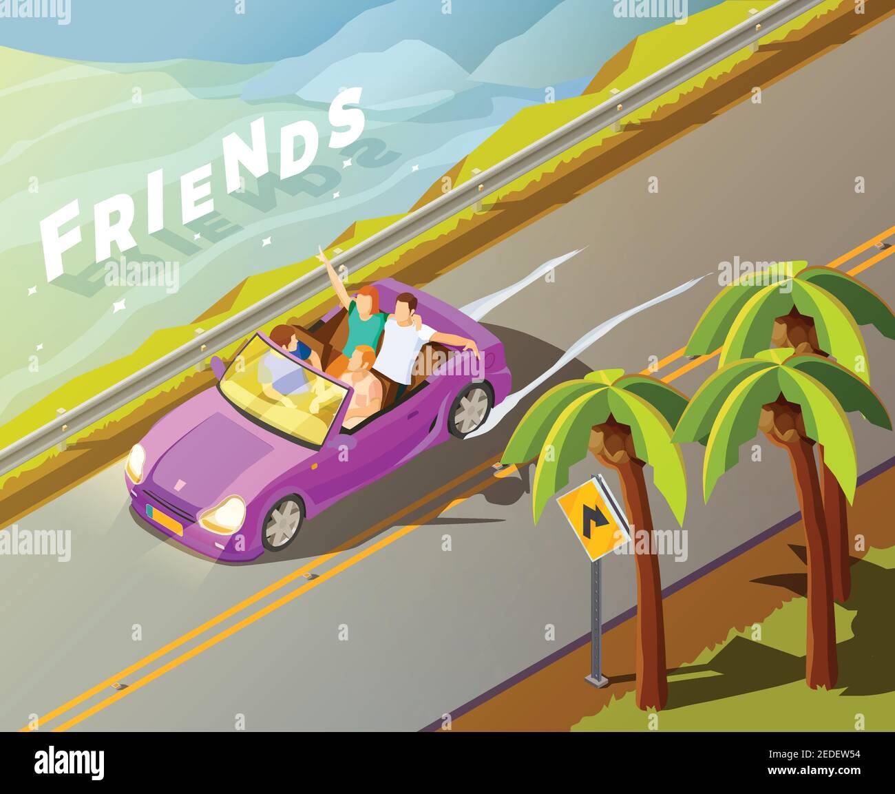 Amici che viaggiano in tropici in lux brillante magenta in auto affittata vista isometrica con illustrazione vettoriale delle palme a lato della strada Illustrazione Vettoriale