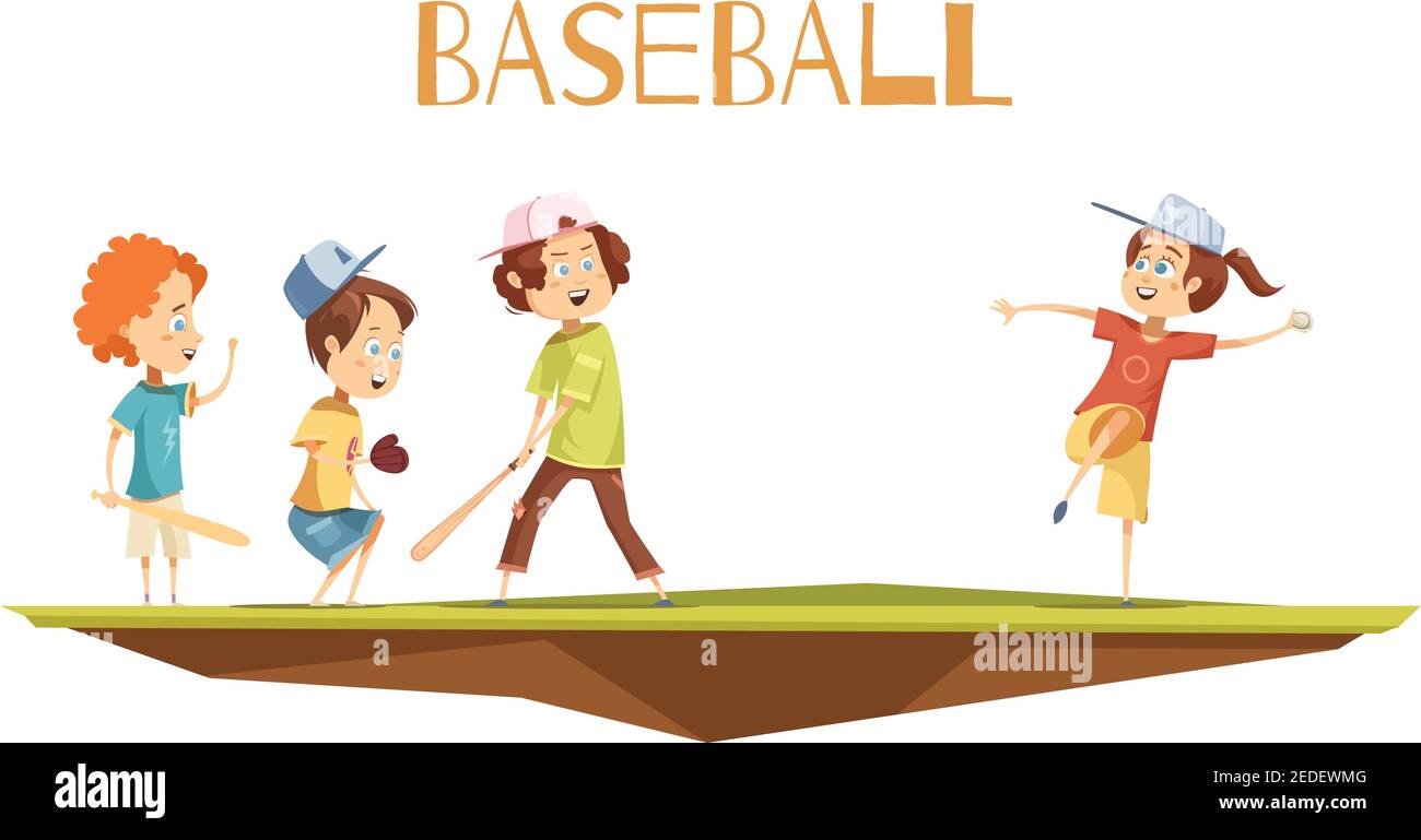 Bambini che giocano a baseball piatto vettore illustrazione in stile cartone animato con personaggi simpatici impegnati nel gioco Illustrazione Vettoriale