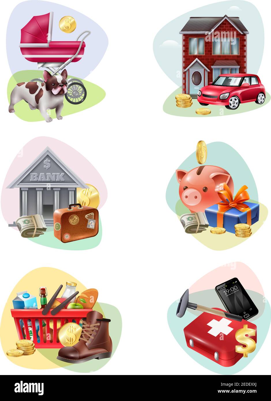 Icone colorate e isolate delle spese finanziarie Imposta le persone che spendono il la maggior parte dei soldi per l'illustrazione del vettore di descrizione delle necessità Illustrazione Vettoriale