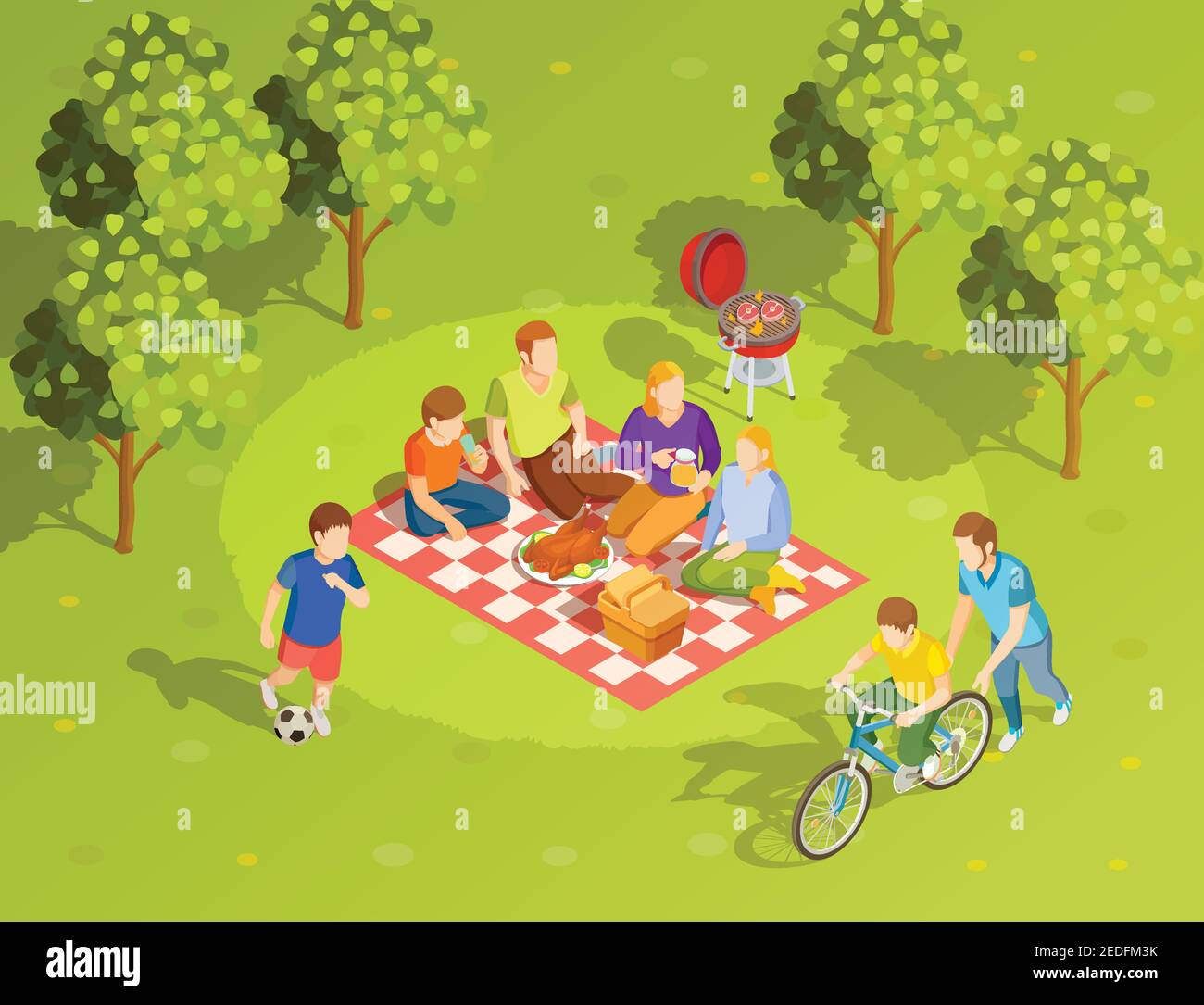 Famiglia estate vacanza campagna in stile brunch picnic con barbecue e. equitazione sibillamenti isometrica podter illustrazione vettoriale Illustrazione Vettoriale