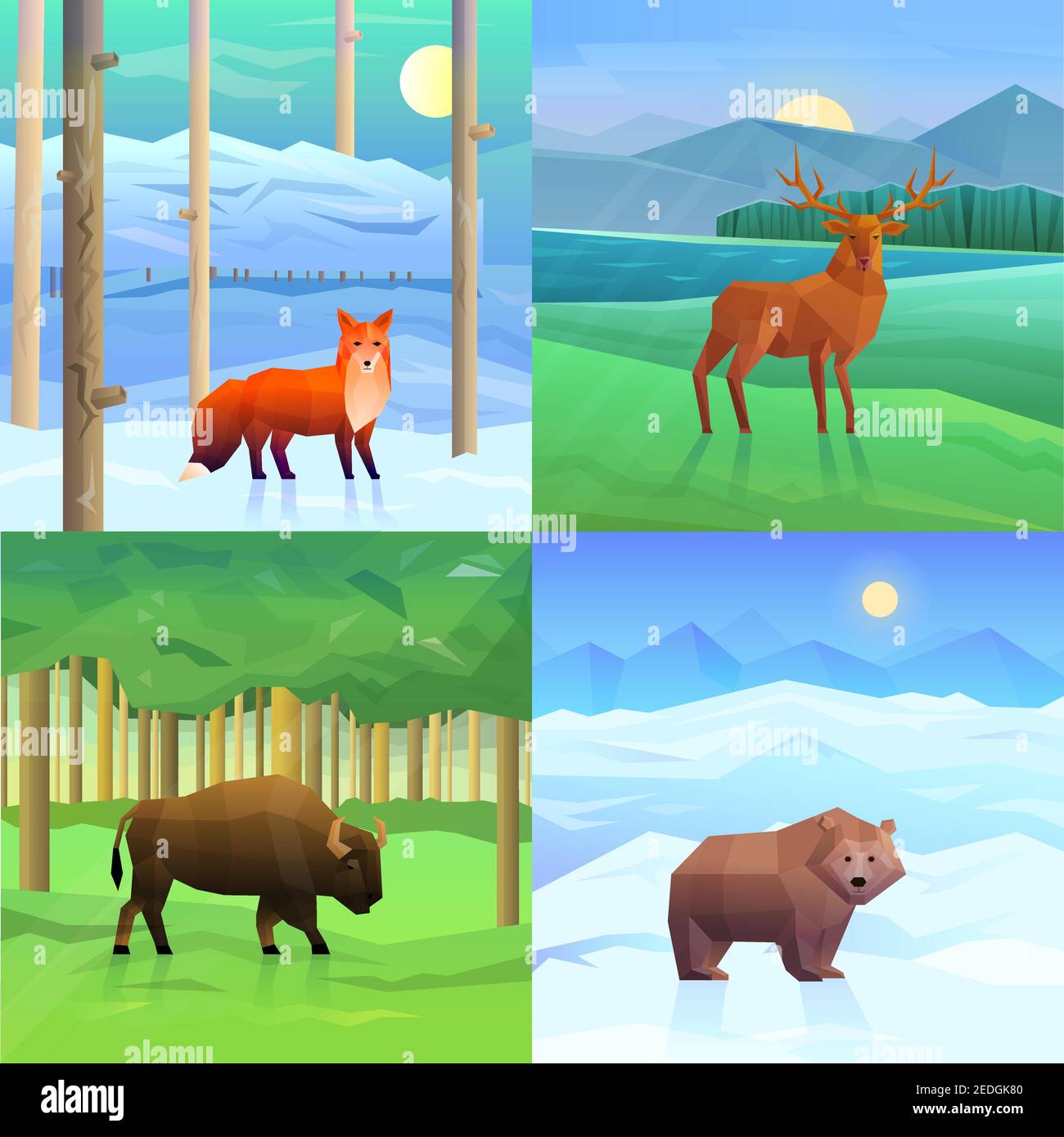 Animali selvatici poligonali su sfondo 2x2 con paesaggi isolati illustrazione vettoriale Illustrazione Vettoriale